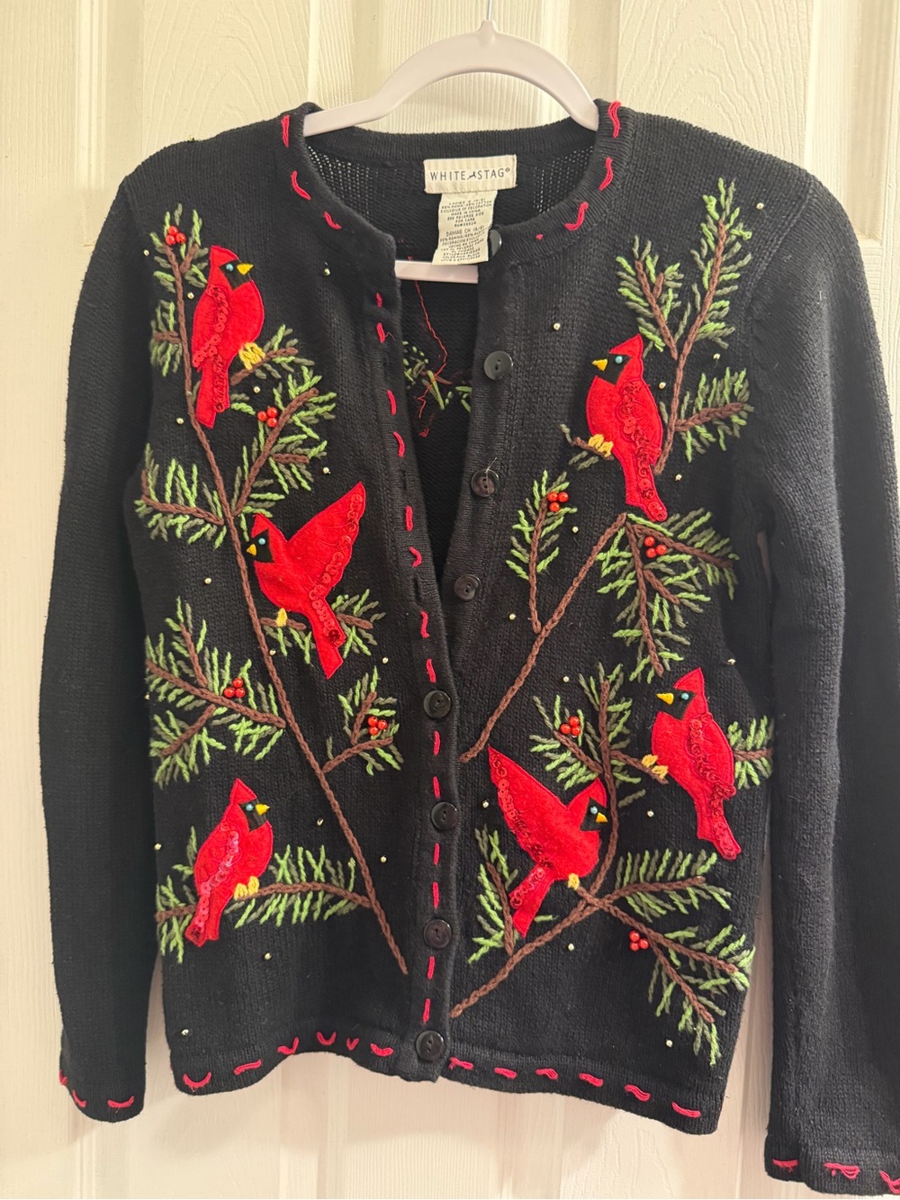 Vintage White Stag Black Cardigan with Red Cardinal Embroidery grandma core